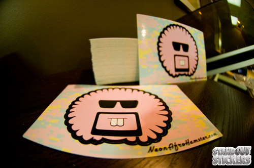 Neon Afro Hamster Stickers in production at StandOutStickers.com