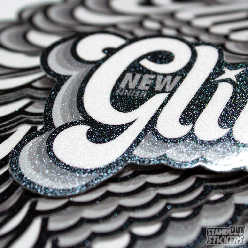 Black and white stickers with a glitter finish