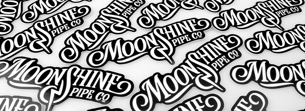 Die cut black and white stickers for Moonshine Pipe Co