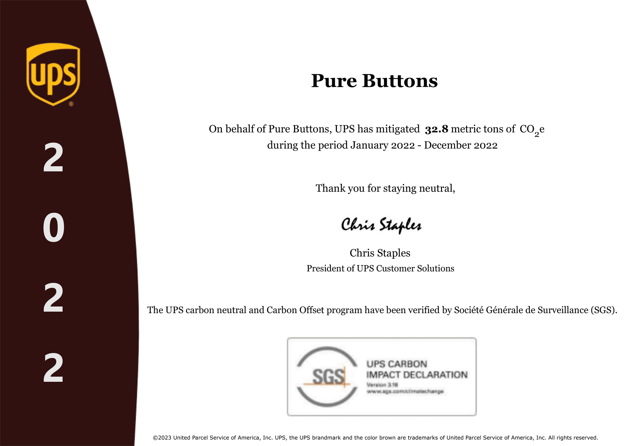 Pure Buttons UPS Carbon Neutral certificate